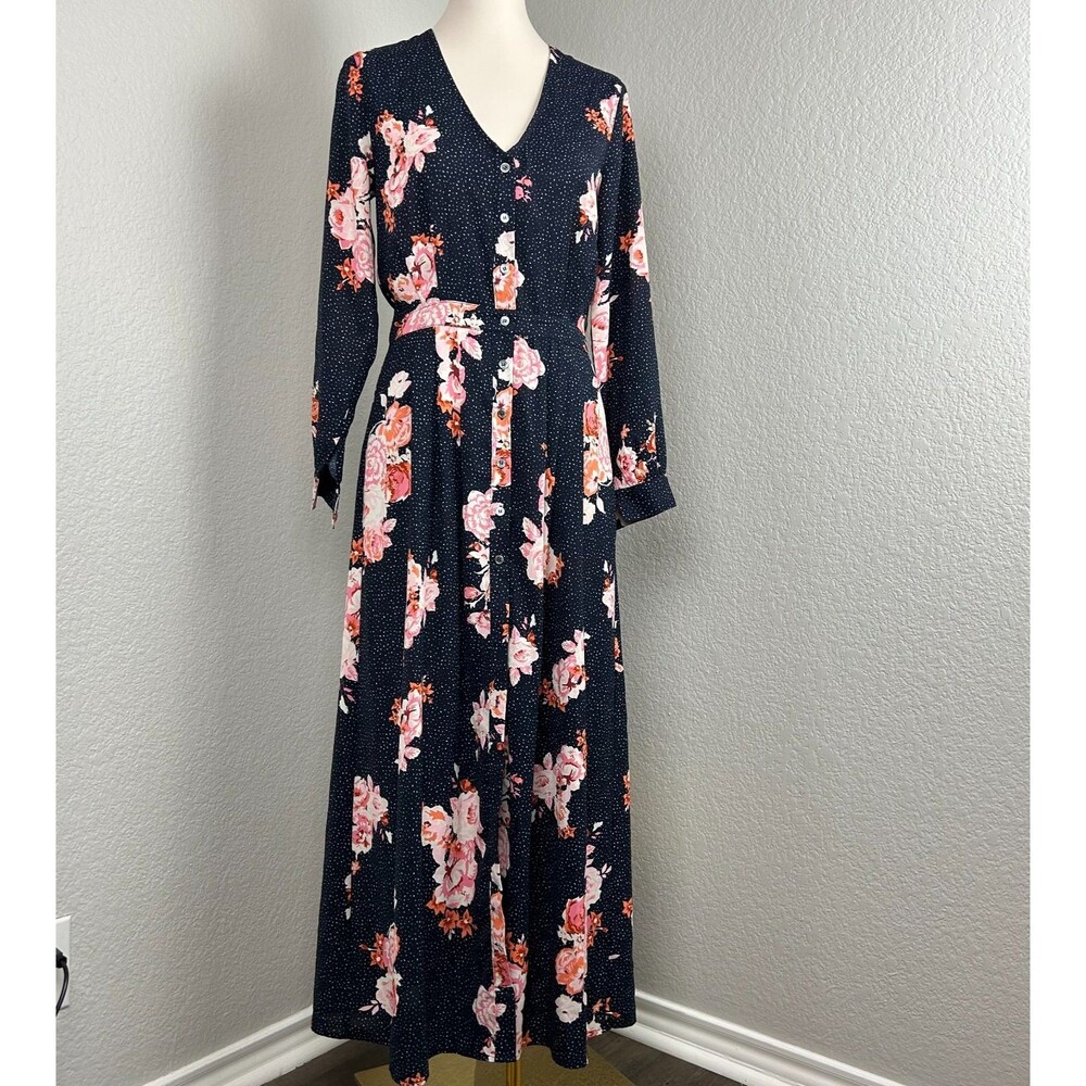 FRNCH Paris Womn's Maxi Dress Blue Floral Button V-Neck Long Sleeve Pockets SZ M